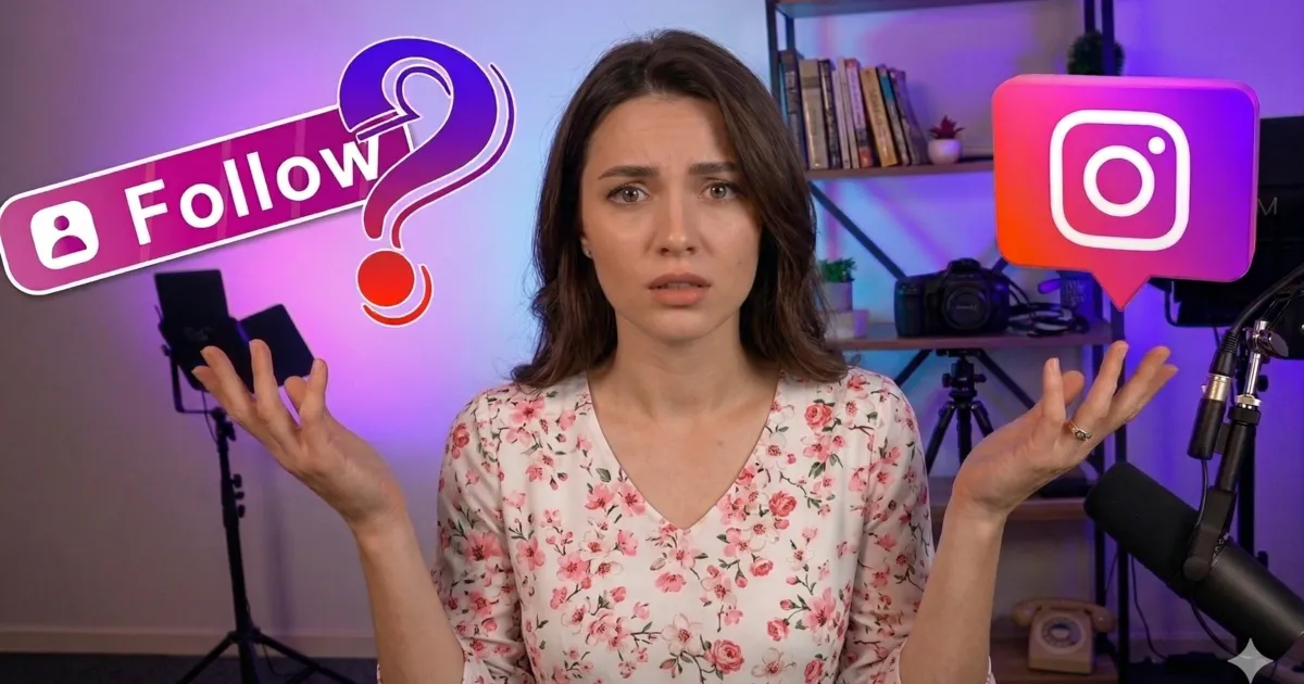 A brunette woman in a white and pink floral shirt shrugging her shoulders with a questioning expression. She is positioned between a stylized 'Follow' graphic with a question mark and a 3D Instagram logo in a studio setting.