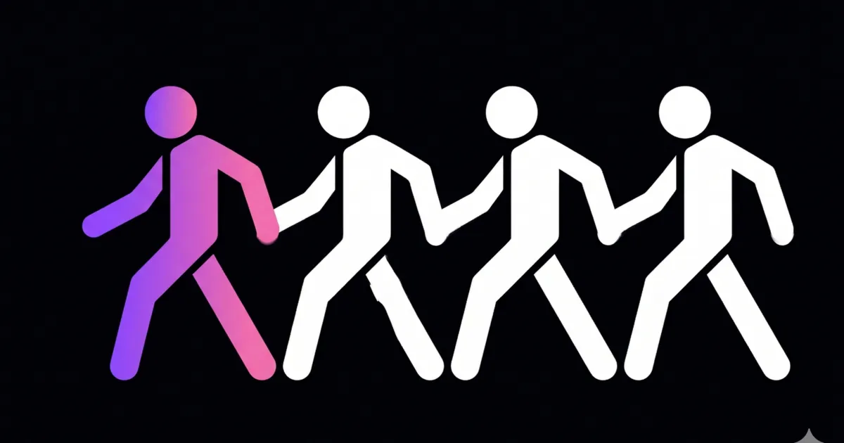 A graphic of four stick figures holding hands and walking in a single file line. The leading figure on the right is a purple-pink gradient, and the others are white, against a black background. The image represents the concept of connected users, mutual followers, or a network of people who follow each other on a social media platform like Instagram.