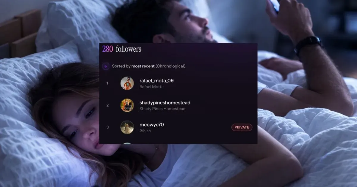 Couple in bed while one partner secretly checks Instagram following list on InstaRadar