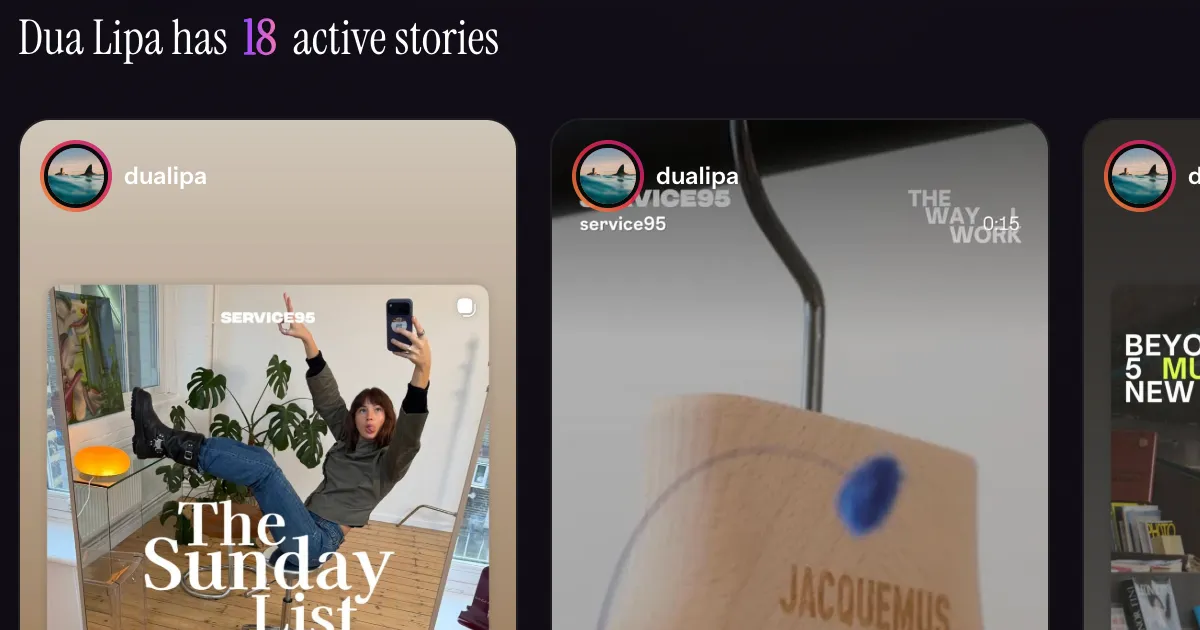 Anonymous Instagram story viewer on InstaRadar showing Dua Lipa's public stories without logging in