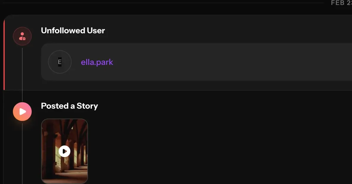 InstaRadar dashboard showing an unfollow event notification for a tracked Instagram profile