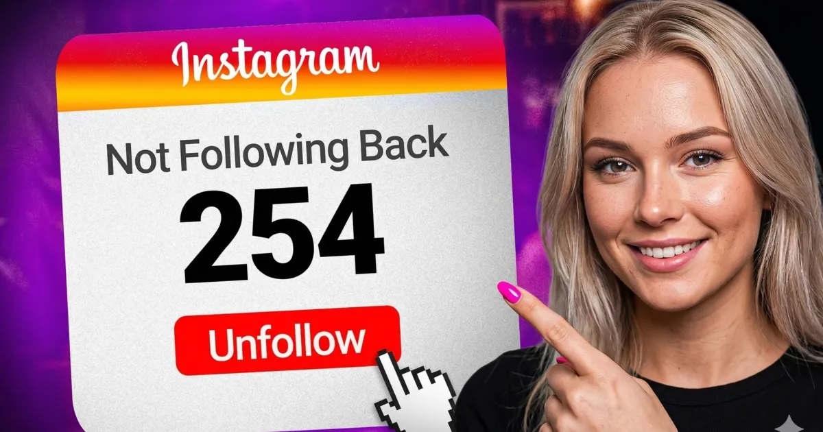 Showing a stylized Instagram interface with the text 'Not Following Back', the number 254, and a red 'Unfollow' button, with a smiling swedish blonde woman pointing towards it.