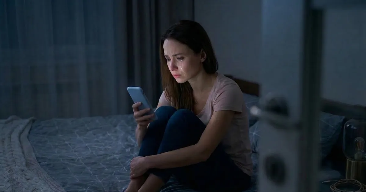 Woman sitting alone on a bed at night, phone in hand, scrolling Instagram in the dark