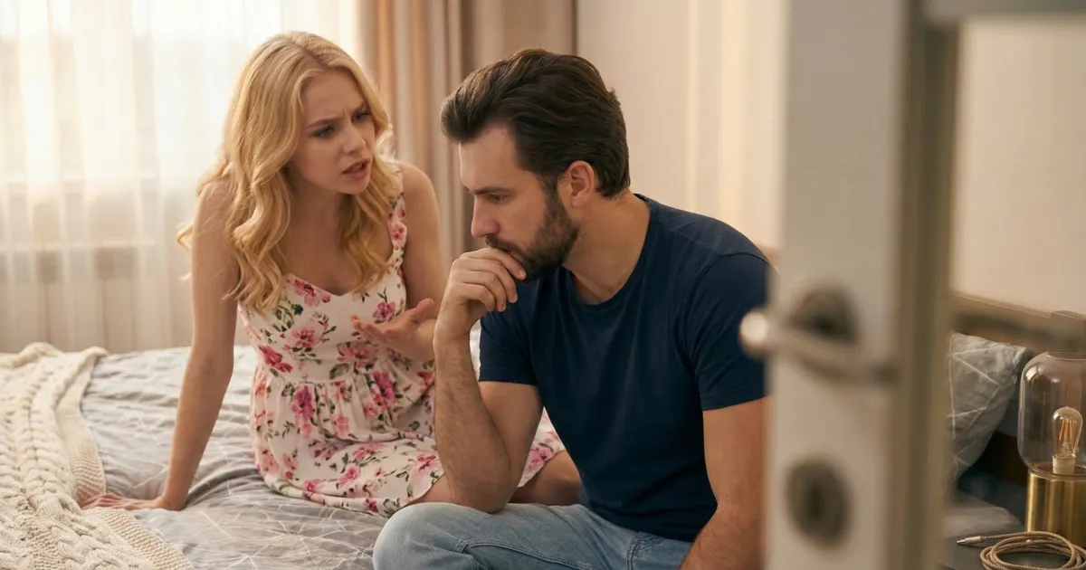 A blonde woman in a floral dress is speaking intensely to a bearded man sitting next to her on a bed. The man looks down thoughtfully with his hand on his chin, and the scene is framed through a partially open doorway.